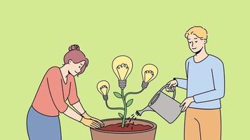 Smiling people watering lightbulbs growing in pot generating creative business ideas together. Happy employees engaged in teamwork. Innovation. Motion illustration. video