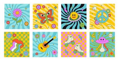 Collection of colorful hippy stickers, patches with different funky elements in the style of 1960s, 1970s. vector