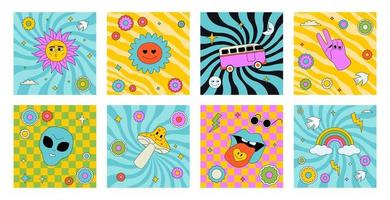 A set of bright psychedelic square illustrations, stickers, patches with different elements in the style of 1960s, 1970s.