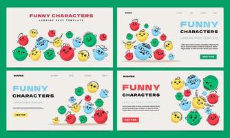 A set of landing page template with round colorful characters with different emotions arranged in a chaotic order. A metaphor of a team, relationships and cooperation. vector