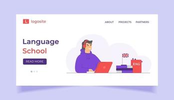 Online language school concept for Landing page or website template. Site with courses in English. Learning a foreign language online, learning a foreign language at home vector