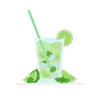 Glass of lemonade lime. Glass of mojito cocktail with mint and a straw on a white background. Vector illustration.