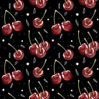 Cherries seamless pattern on a black background. Berries background. Print for packaging, labels, wallpaper, napkins, paper, textiles and etc. vector