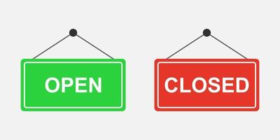 Open door and closed door signs in flat design style isolated on background. vector