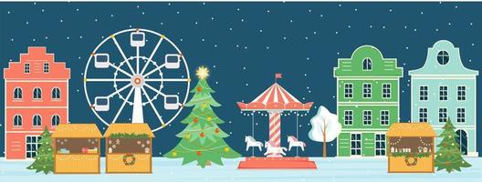 Christmas fair horizontal vector banner. Winter night cityscape with buildings, kiosks, ferris wheel, merry-go-round, Christmas fir trees. Christmas time. Market in the square. Vector illustration.