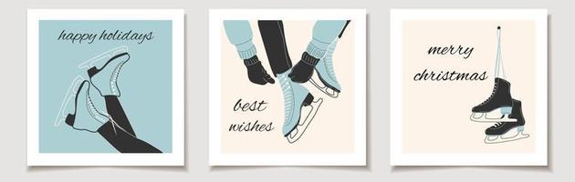 Christmas vector gift card or tag Christmas Set of three ice skates for figure skating in winter. merry christmas lettering, best wishes.