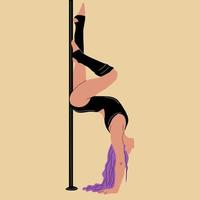 mujer joven de pole dance en leotardo negro, ilustración de vector de estilo de dibujos animados aislado en el fondo. bailarina de barra joven, delgada y hermosa