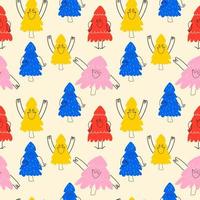 Seamless pattern with Set of Various bright of Christmas tree with face emotions, hands and legs. Hand drawn trendy for kids. Cute funny characters. vector