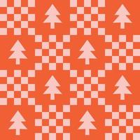 Cute y2k patchwork Christmas seamless pattern background with Xmas tree icon, monochrome red pink checkerboard backdrop. Modern, trendy vector design, aesthetic retro vibe print for textile, wallpaper