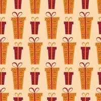 fondo de patrón sin costura kwanzaa en estilo simple dibujado a mano con cajas de regalo decoradas con cinta, arco, papel con adornos étnicos tribales - líneas, triángulos. kwanzaa presenta zawadi lindo estampado vector