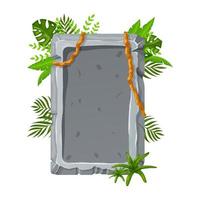 Jungle stone board with liana branches and tropical leaves. Stone banner elements for game and web in cartoon style. vector