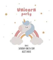 invitación de fiesta de unicornio con unicornio mágico. ilustración vectorial en estilo de dibujos animados. vector