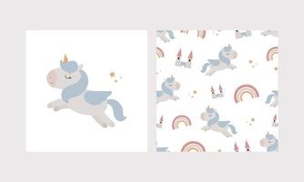 Vector print with magic unicorn and magic seamless pattern. Cartoon style. For greeting card, posters, banners, printing on the pack, printing on clothes, fabric, wallpaper.