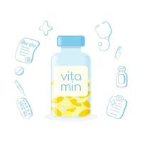 Vitamin bottle with capsules and doodle medicals  elements, health, medicine. vector
