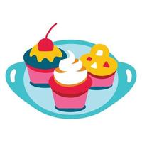 un conjunto de cupcakes diferentes con crema. pasteles dulces en una bandeja. ilustración vectorial vector