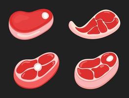 bistecs de ternera de dibujos animados. conjunto de piezas jugosas y tiernas de carne. primer plano de la colección de bistecs de carne sobre un fondo negro. vector