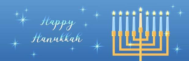 Happy Hanukkah web banner. Vector horizontal illustration with traditional Jewish religious holiday symbol. Shiny chanukiah candle holder. Glowing internet banner