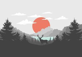 ilustración de arte paisajístico de lagos y bosques de pinos vector