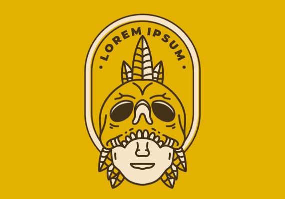 Vintage art illustration of a man face hiding behind the skull mask