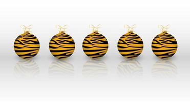 Tiger print on christmas balls with reflection  on a white background.The vector balls can be used in Christmas designs.Vector illustration