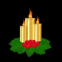 Burning golden candles with holly on dark background. Christmas decorative elements. Vector illustration