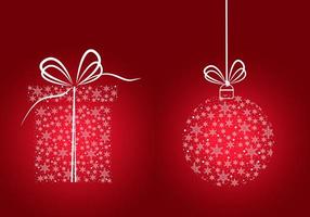 Christmas card. Gift and ball with  white snowflakes on red background.Vector illustration vector