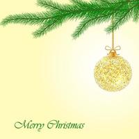 Christmas toy isolated on yellow background. Christmas card with fir tree branches, hanging glitter ball and Merry Christmas text.  Vector illustration