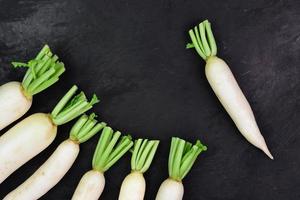 Fresh organic daikon radish on black background with copy space, top view photo