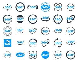 360 degrees icon set. Rotate arrow, VR reality panoramic symbol. Wide degree view icons. Virtual tour or game vector sign.