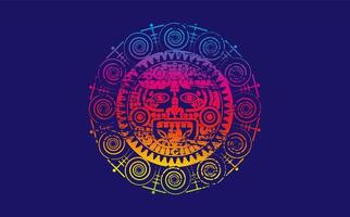 Ancient Sacred Mayan sun god, Aztec wheel calendar, Maya symbols ethnic mask. Psychedelic round frame border old logo icon. Grunge Mandala vector illustration isolated on blue background