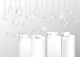 Tarjeta de felicitación de año nuevo 2023 con número 3d del año con bolas de navidad. banner, plantilla ornamento fondo blanco plata brillante vector