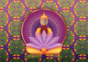 buda sentado en meditación sobre mandala dorado, ilustración de vector de loto púrpura esotérico. fondo de cultura sagrada vintage. indio, budismo, arte espiritual. el oro, espiritualidad, dios tailandés, yoga