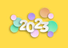 New year 2023 paper cut numbers in delicate colors. Decorative greeting card 2023 happy new year. Colorful Christmas banner, vector illustration isolated on yellow background