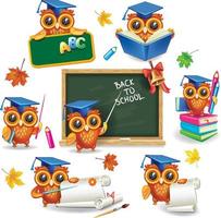 Set of wise owls in graduation caps vector