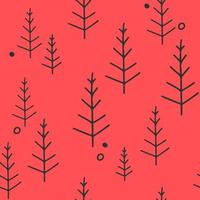 patrones sin fisuras de navidad roja bosque de invierno nórdico lindo con árbol de arte lineal garabato dibujado a mano para el diseño de decoración de vacaciones vector