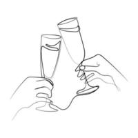 Two Hands cheering with glasses of champagne Continuous line drawing vector illustration.Two glasses of champagne in hands.Minimalist one line drawing style.design element for Celebration design