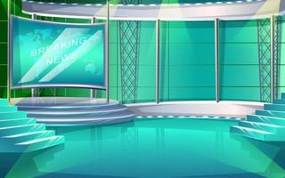 Vector cartoon style TV show studio interior with stage and spot lights.
