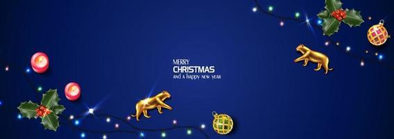 Vector realistic Christmas and New Year background, banner, flyer, greeting card, postcard. Square orientation. Black background with golden tigers and mistletoe and lights.