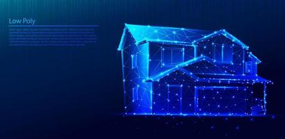Polygonal mansion or house on dark blue tech background, triangles and particle style design. vector