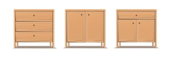 3d realistic vector icon set. Collection of dresser, bedside tables. Brown chest of drawers.