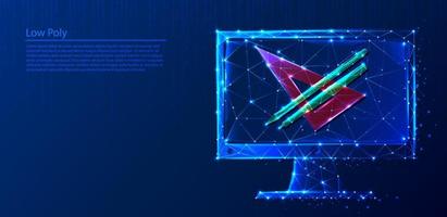 Polygonal computer with centimeter and pen with pencil on dark blue tech background, triangles and particle style design. vector