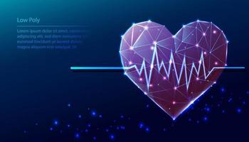 Vector tech low poly blue background. Low poly heart shape with heart beat diagramma.