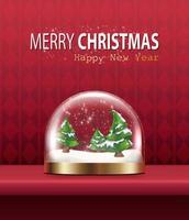 Vector realistic Christmas and New Year background, banner, flyer, greeting card, postcard. Vertical orientation. Red background with glass snow globe with trees.