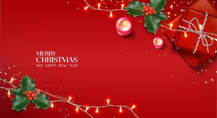 Vector realistic Christmas and New Year background, banner, flyer, greeting card, postcard. Square orientation. Red background with gift boxes and candles with mistletoe.