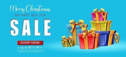 Vector realistic Christmas and New Year background, banner, flyer, greeting card, postcard. Horizontal orientation. Blue background with sale writing and colorful stack of gift boxes.