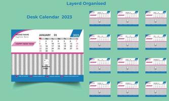 plantilla de calendario de escritorio de año nuevo 2023, plantilla de calendario de escritorio, calendario de escritorio incluido de 12 meses, calendario de escritorio de empresa de 12 páginas vector