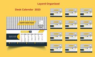 plantilla de calendario de escritorio de año nuevo 2023, plantilla de calendario de escritorio, calendario de escritorio incluido de 12 meses, calendario de escritorio de empresa de 12 páginas vector