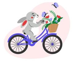 The hare rides a bicycle with flower basket. Flat vector illustration on white background.