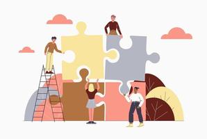 Metaphor for business team collaboration. People connect the elements of the puzzle. Teamwork, collaboration, partnership. Vector, flat, modern illustration vector