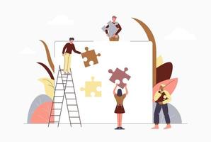 Metaphor for business team collaboration. People connect the elements of the puzzle. Teamwork, collaboration, partnership. Vector, flat, modern illustration vector